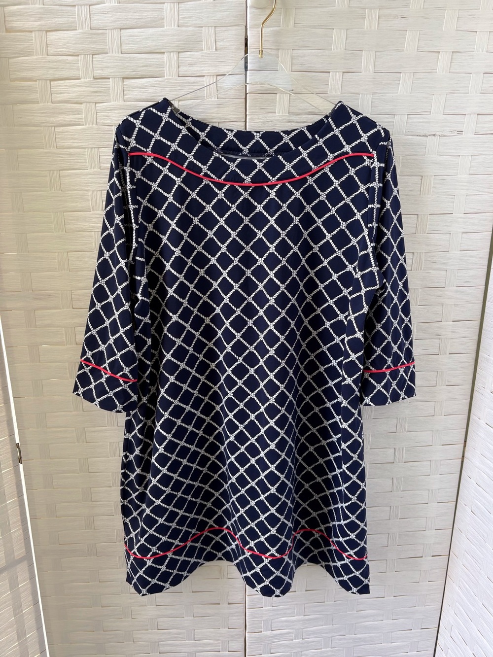 Lands End 1X Nautical Shift Dress 3/4 Sleeves Navy & White Pink Piping Cruise